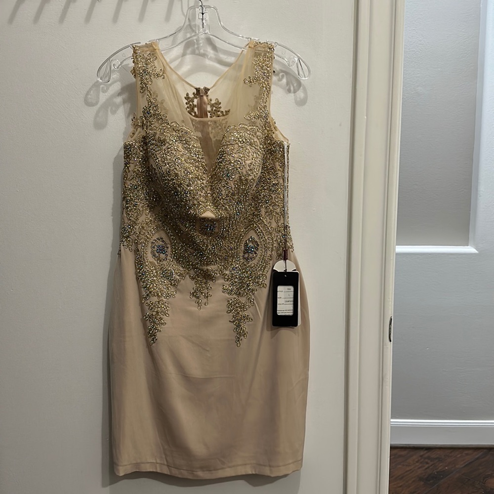 Beautiful champagne dress, brand new. Size Large, fits more like a size 10